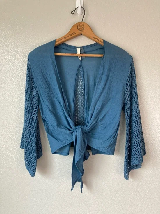 Elan Crochet Bell Sleeve Tie front gauze top Boho Vacation Beachy crop sz S - Picture 2 of 7